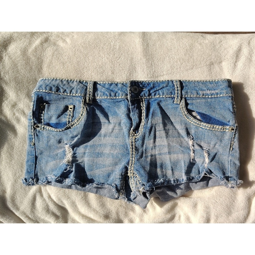 Wet Seal Distressed Denim Shorts Medium Wash Low Rise Y2K Cut Offs Size 15